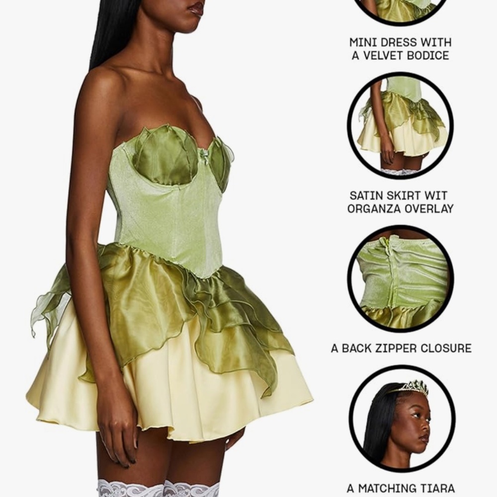 Dolls Kill Green Enchanting Princess Costume - Satin Velvet Dress with Tiara by